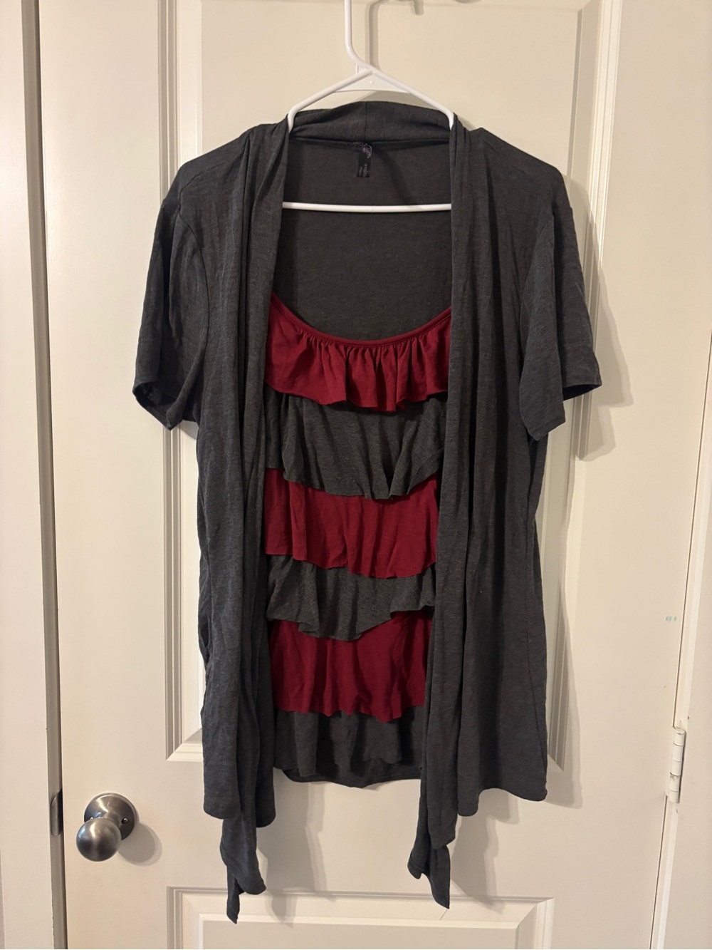 ANDREA Charcoal Open-Front Cardigan with Burgundy Ruffle Tank
